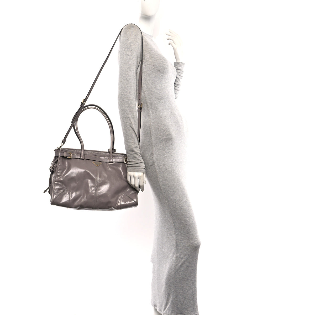 Prada Glossy Calfskin Triangle Large Bonnie Shoulder Bag Peltro 2 of 10