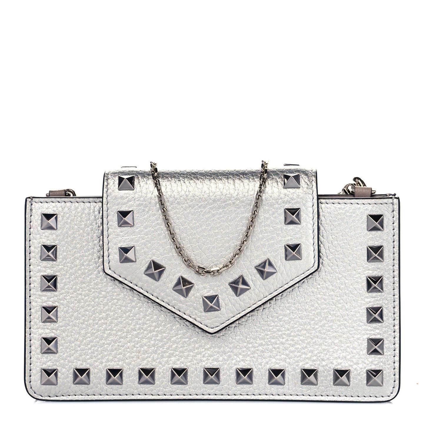 Metallic Pebbled Calfskin Rockstud Phone Case With Chain Silver