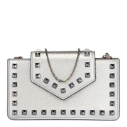 Valentino Garavani Metallic Pebbled Calfskin Rockstud Phone Case With Chain Silver 1 of 11
