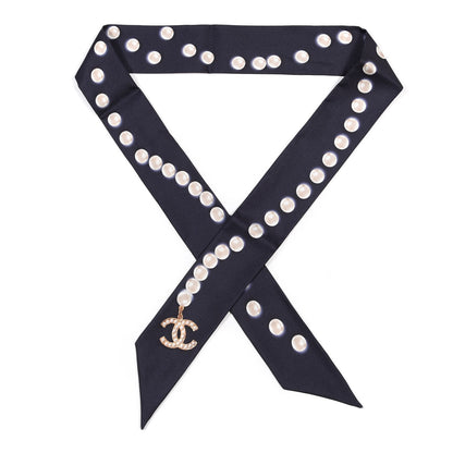 Chanel Silk Pearl CC Slim Bandeau Scarf Navy 1 of 4