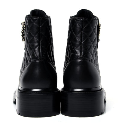Chanel Shiny Lambskin Quilted Lace Up Combat Boots 37.5 Black 4 of 5