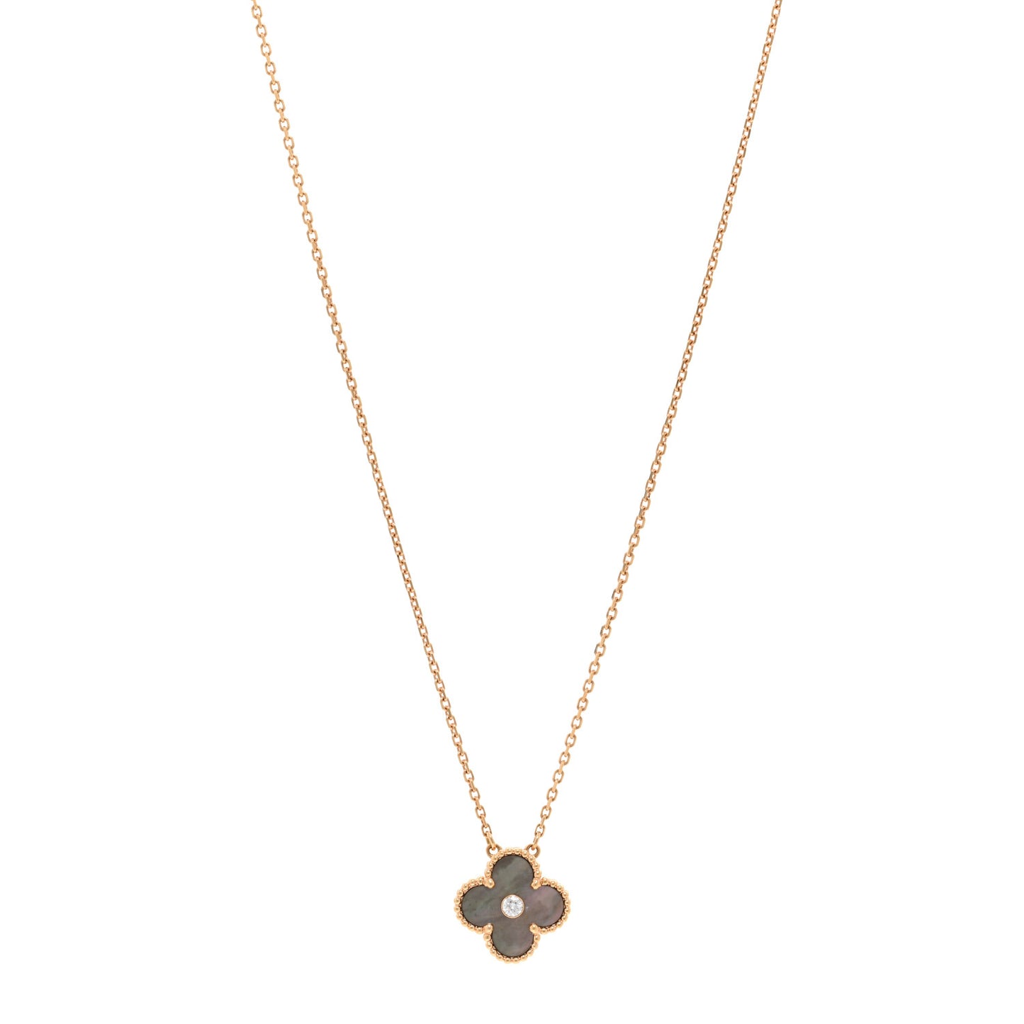 18K Rose Gold Diamond Grey Mother of Pearl Vintage Alhambra Pendant Necklace