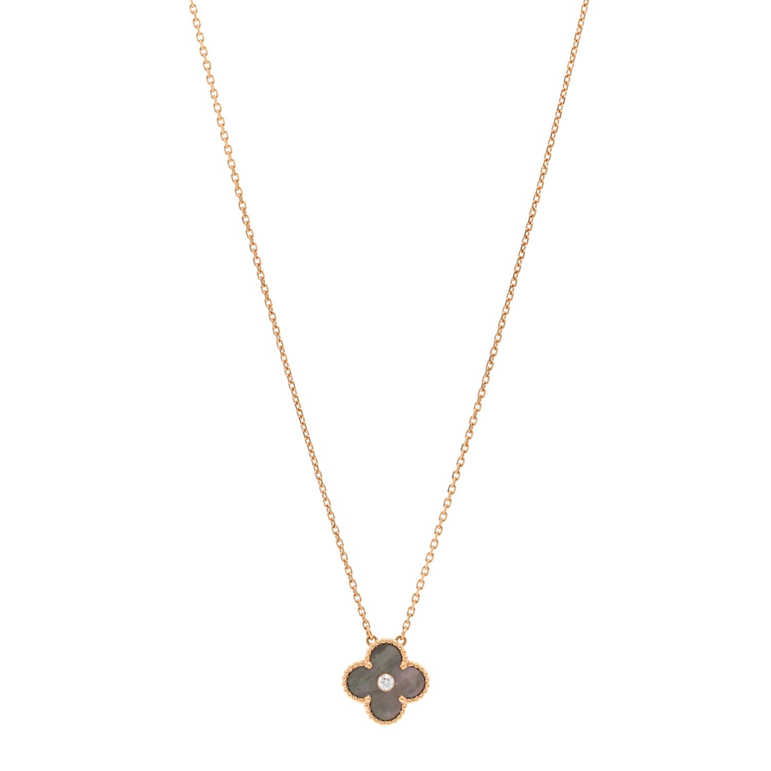 Van Cleef & Arpels 18K Rose Gold Diamond Grey Mother of Pearl Vintage Alhambra Pendant Necklace 1 of 6