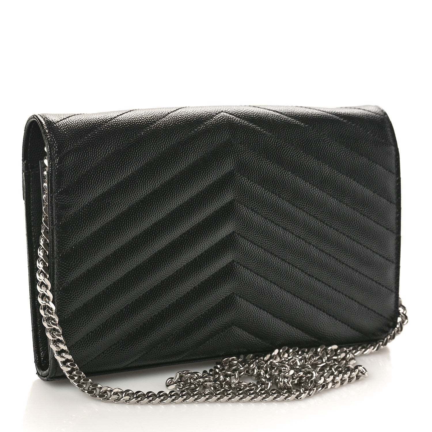 Saint Laurent Grain De Poudre Matelasse Chevron Monogram Chain Wallet Black 3 of 9