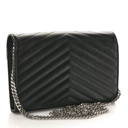 Saint Laurent Grain De Poudre Matelasse Chevron Monogram Chain Wallet Black 3 of 9