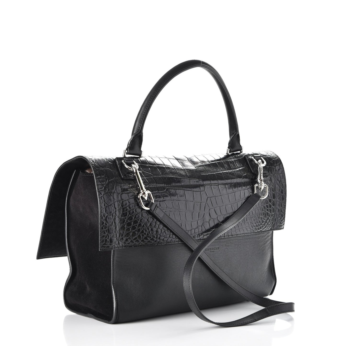 Calfskin Crocodile Embossed Medium Shark Lock Satchel Black