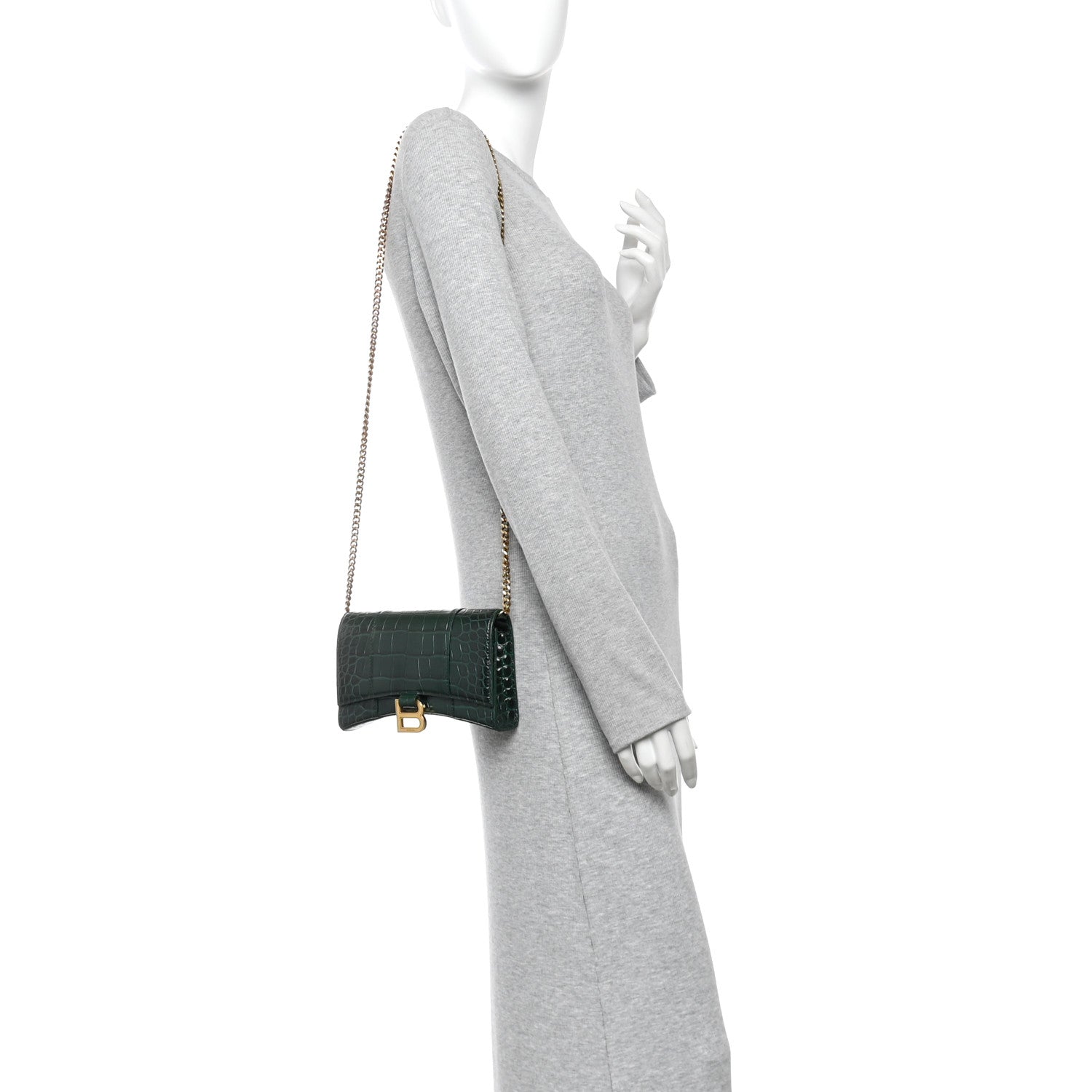 Balenciaga Shiny Calfskin Crocodile Embossed Hourglass Chain Bag Forest Green 2 of 9