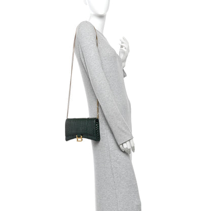 Balenciaga Shiny Calfskin Crocodile Embossed Hourglass Chain Bag Forest Green 2 of 9
