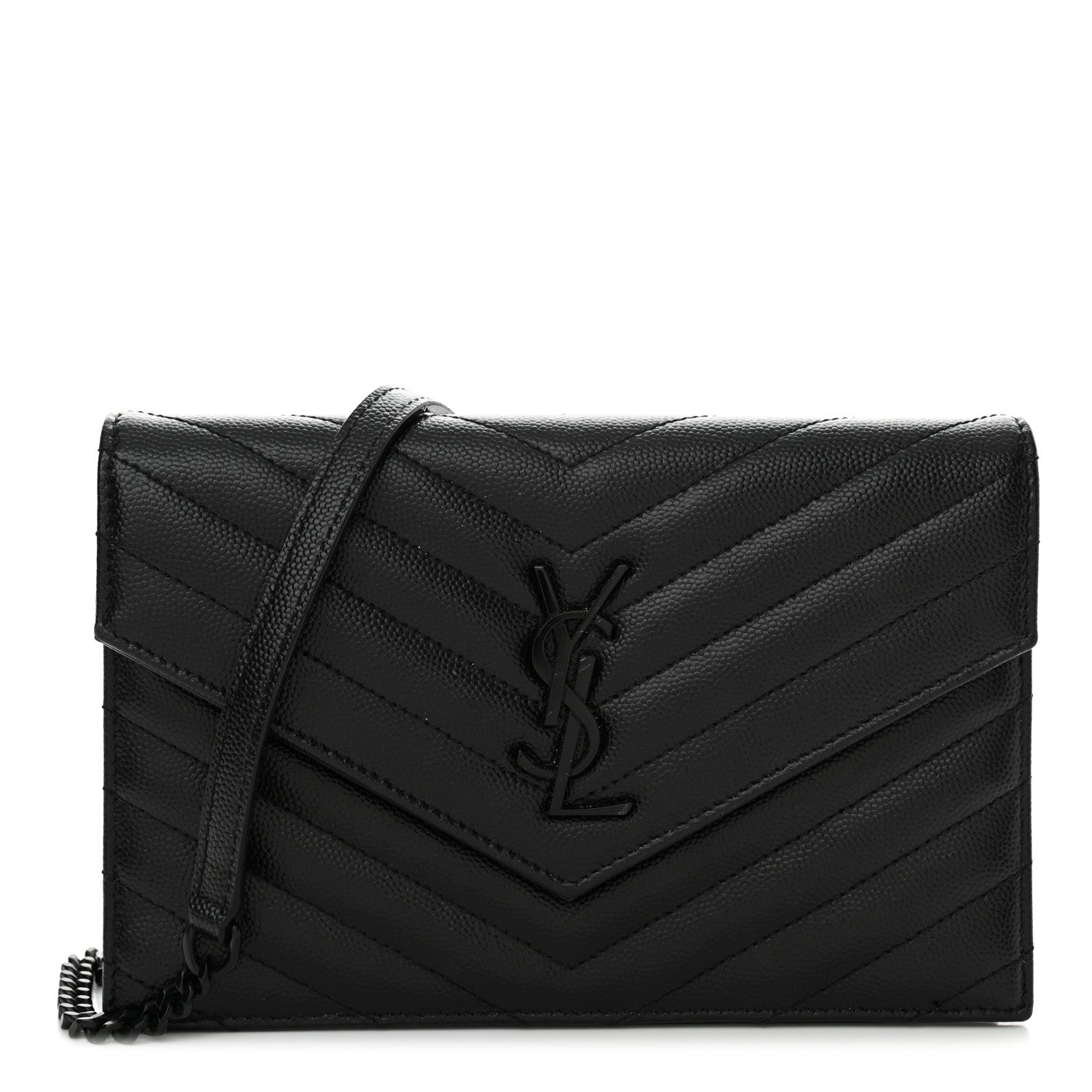 Saint Laurent Grain De Poudre Matelasse Chevron Monogram Monochrome Envelope Chain Wallet Black 1 of 14