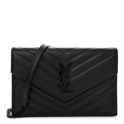 Saint Laurent Grain De Poudre Matelasse Chevron Monogram Monochrome Envelope Chain Wallet Black 1 of 14