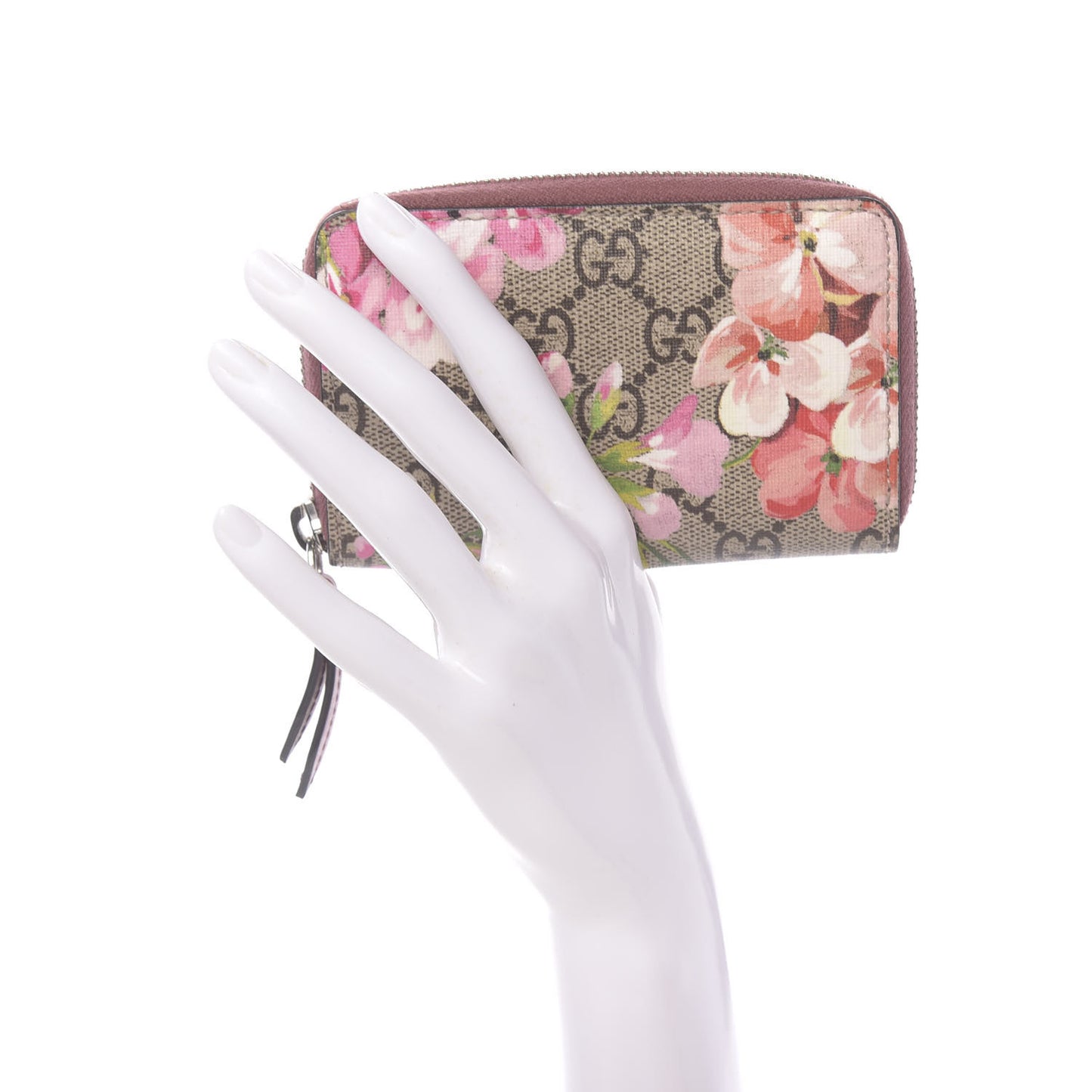 GG Supreme Monogram Blooms Zip Around Card Case Wallet Beige Multicolor Dry Rose