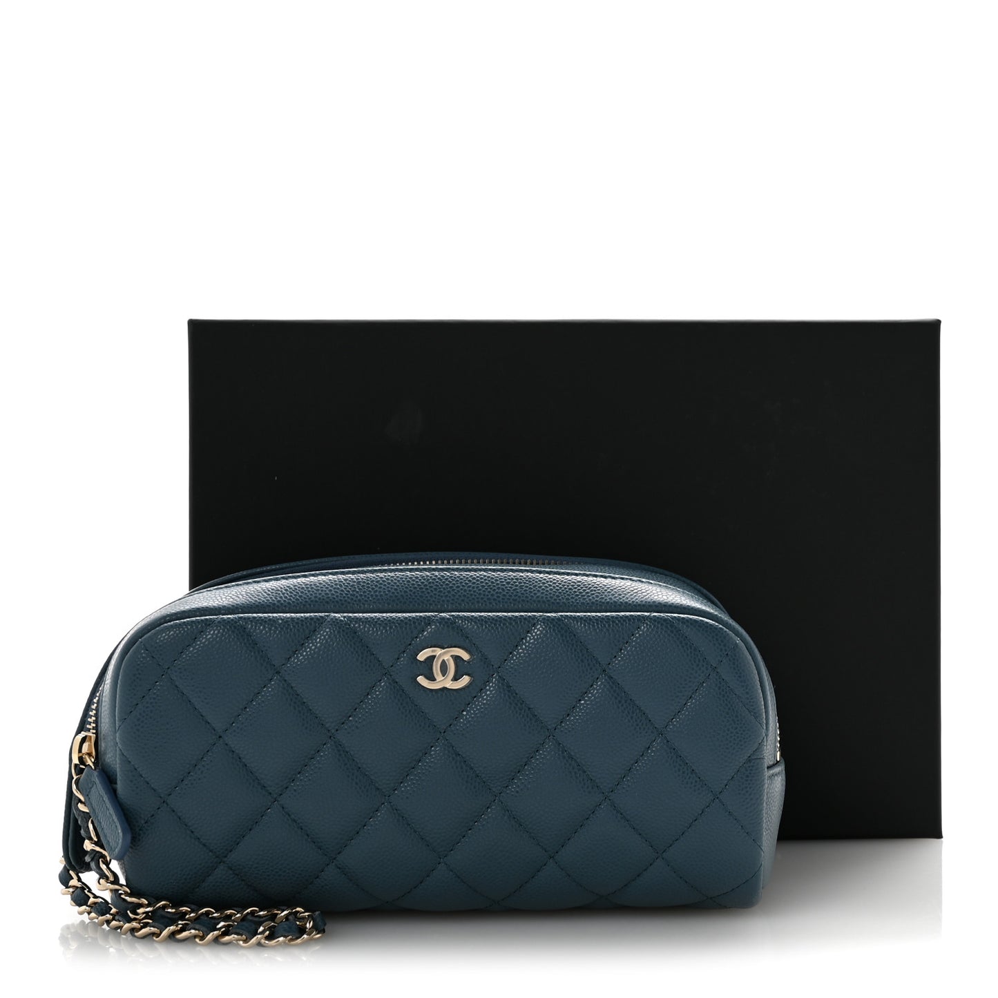 Caviar Quilted Toiletry Case With Chain Blue