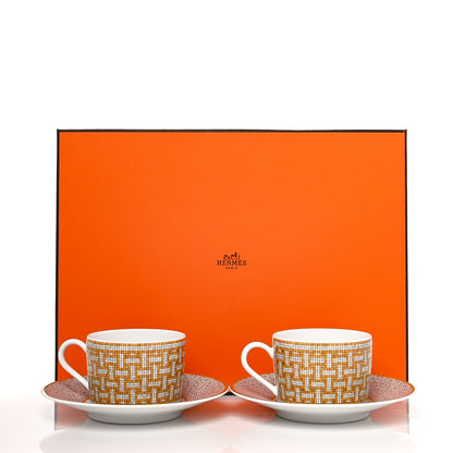 Hermes Porcelain Mosaique Au 24 Gold Tea Cup And Saucer Set Of 2 10 of 10