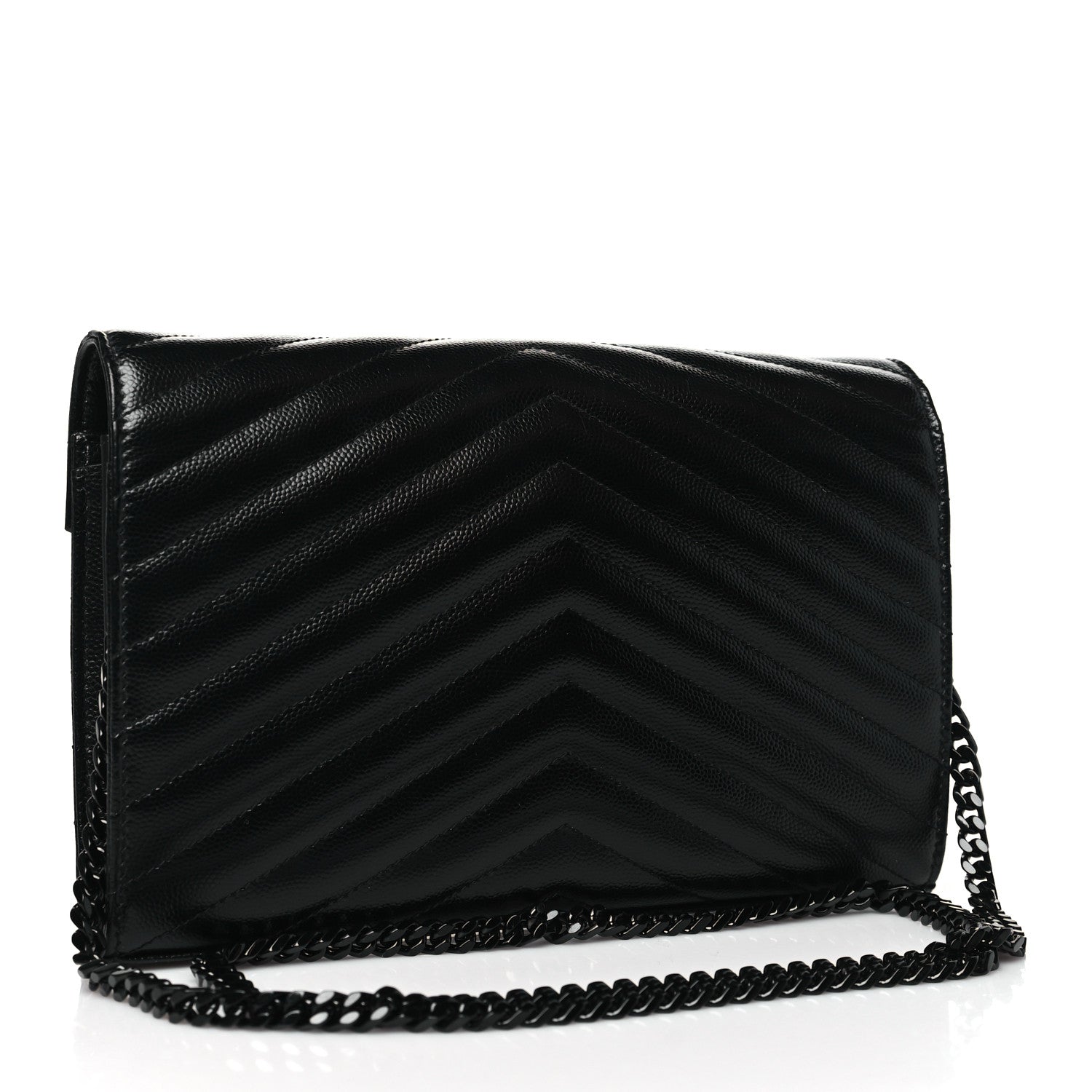 Saint Laurent Grain De Poudre Matelasse Chevron Monogram Monochrome Chain Wallet Black 3 of 10