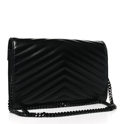 Saint Laurent Grain De Poudre Matelasse Chevron Monogram Monochrome Chain Wallet Black 3 of 10
