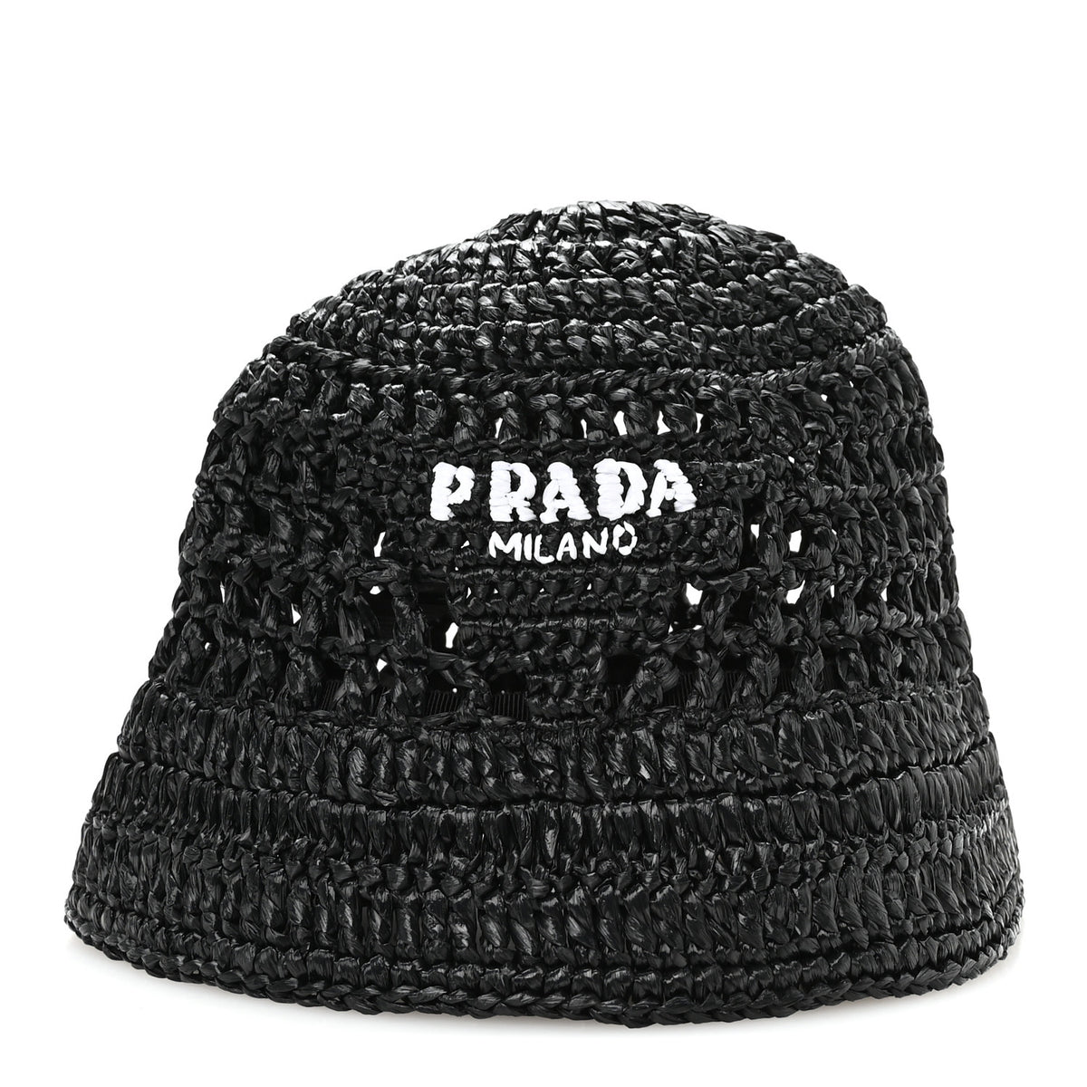 Prada Yarn Raffia Effect Crochet Logo Embroidered Womens Bucket Hat S Black 3 of 9