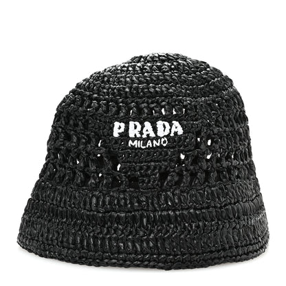 Prada Yarn Raffia Effect Crochet Logo Embroidered Womens Bucket Hat S Black 3 of 9