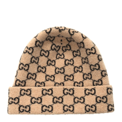 Gucci Wool GG Monogram Fog Tricot Beanie Hat M Beige Dark Brown 1 of 4