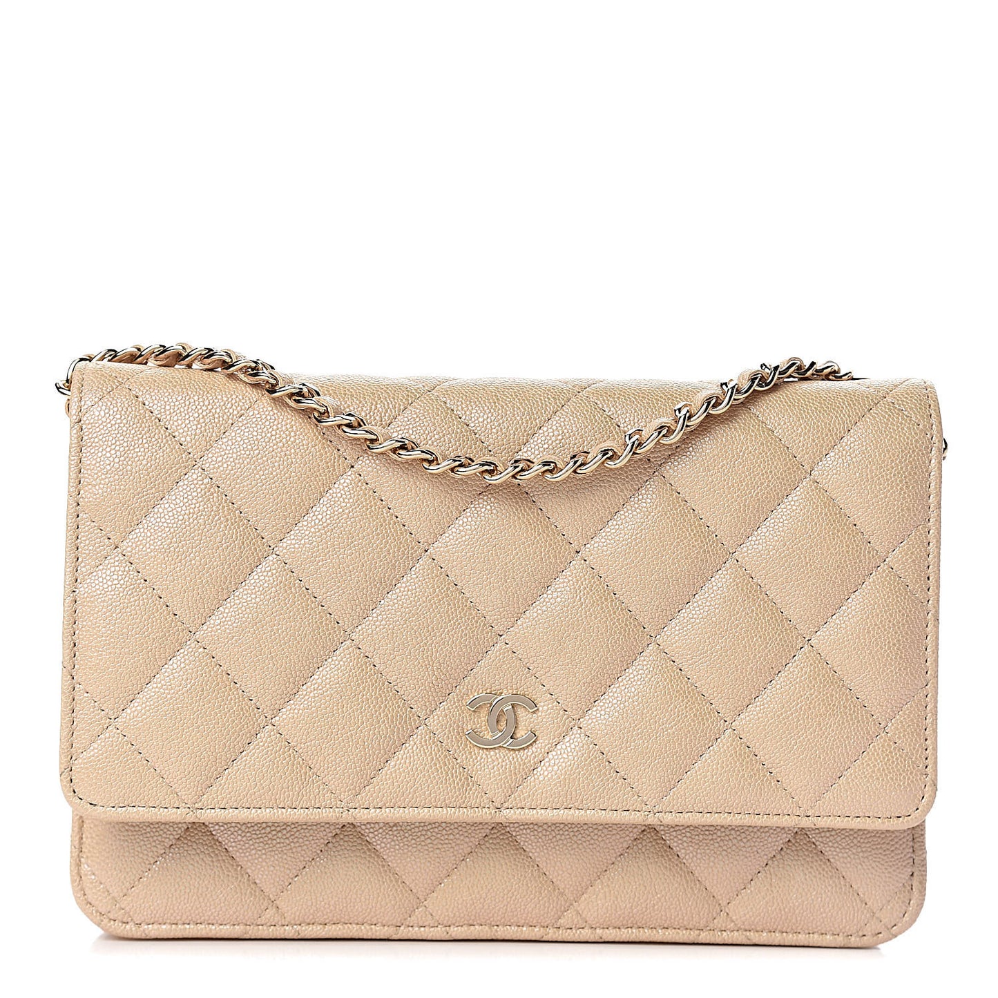 Iridescent Caviar Quilted Wallet On Chain WOC Beige