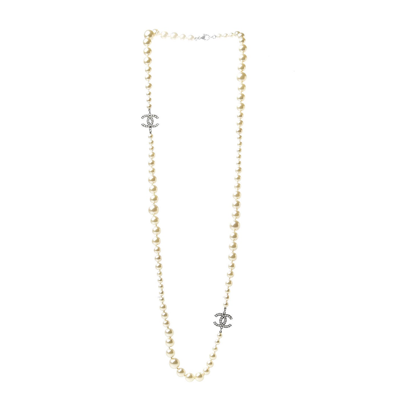 Graduated Pearl CC Long Necklace Silver