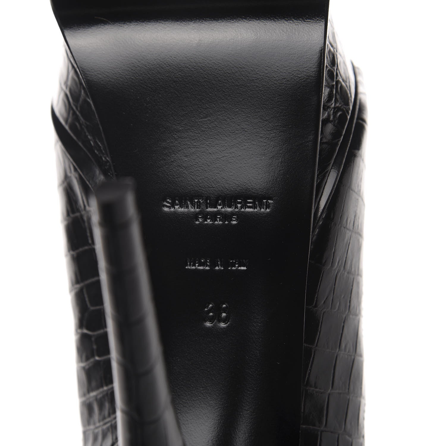 Saint Laurent Calfskin Crocodile Embossed Tribute 16 Lace Up Platform Sandals 38 Black 9 of 11