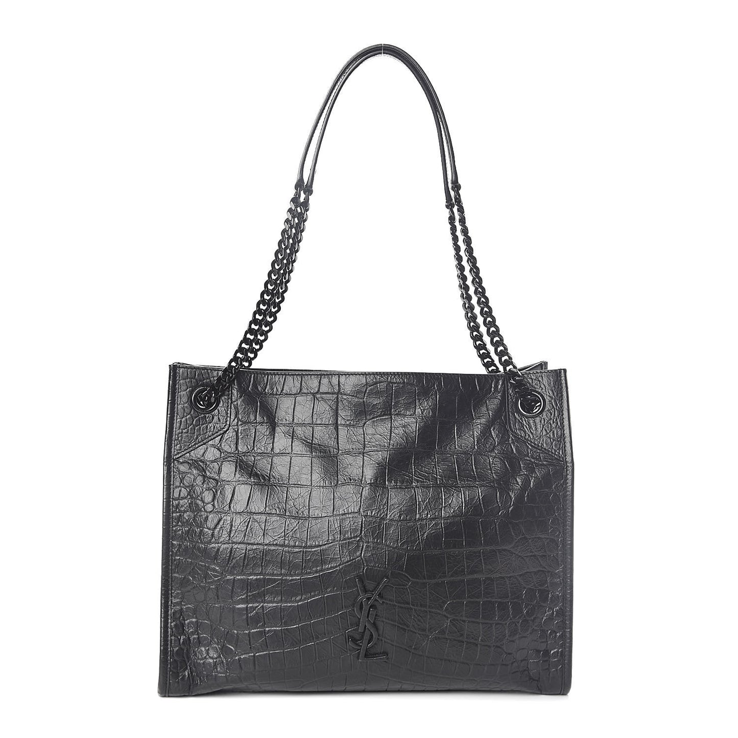 Calfskin Crocodile Embossed Monogram Medium Niki Shopping Bag Black