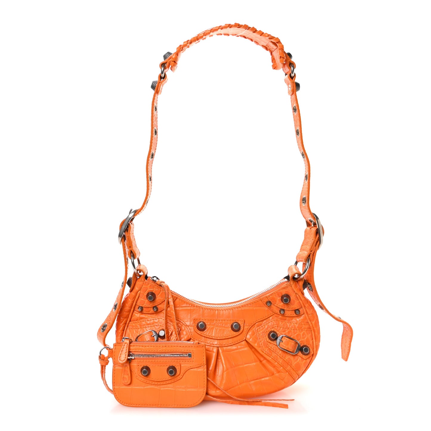 Extra Supple Calfskin Crocodile Embossed Le Cagole Shoulder Bag XS Pop Orange