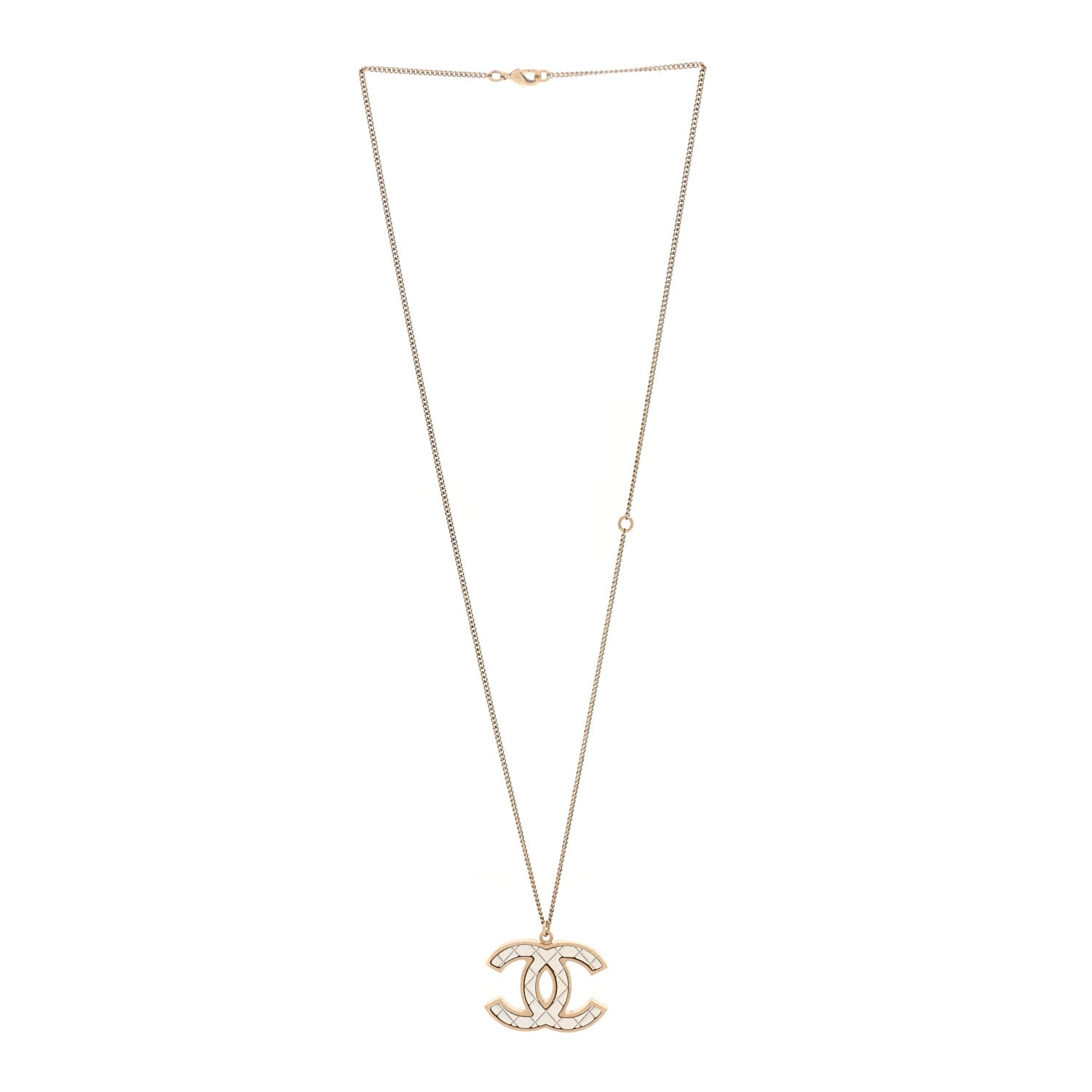 Chanel Metal Quilted CC Pendant Necklace Gold White 3 of 5