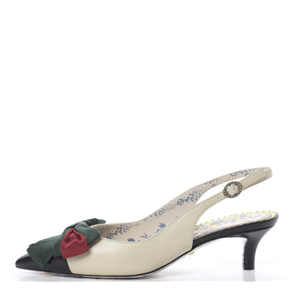 Gucci Malaga Kid Web Bow Jane Low Heel Slingback Pumps 35.5 Off White 1 of 8