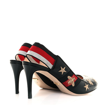 Gucci Malaga Kid Web Bee Star Embroidered Sylvie High Heel Slingback Pumps 37 Black 4 of 9