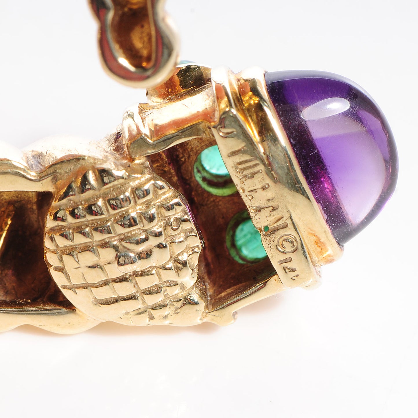 14k Yellow Gold Amethyst and Emerald Renaissance Shrimp Clip On Earring