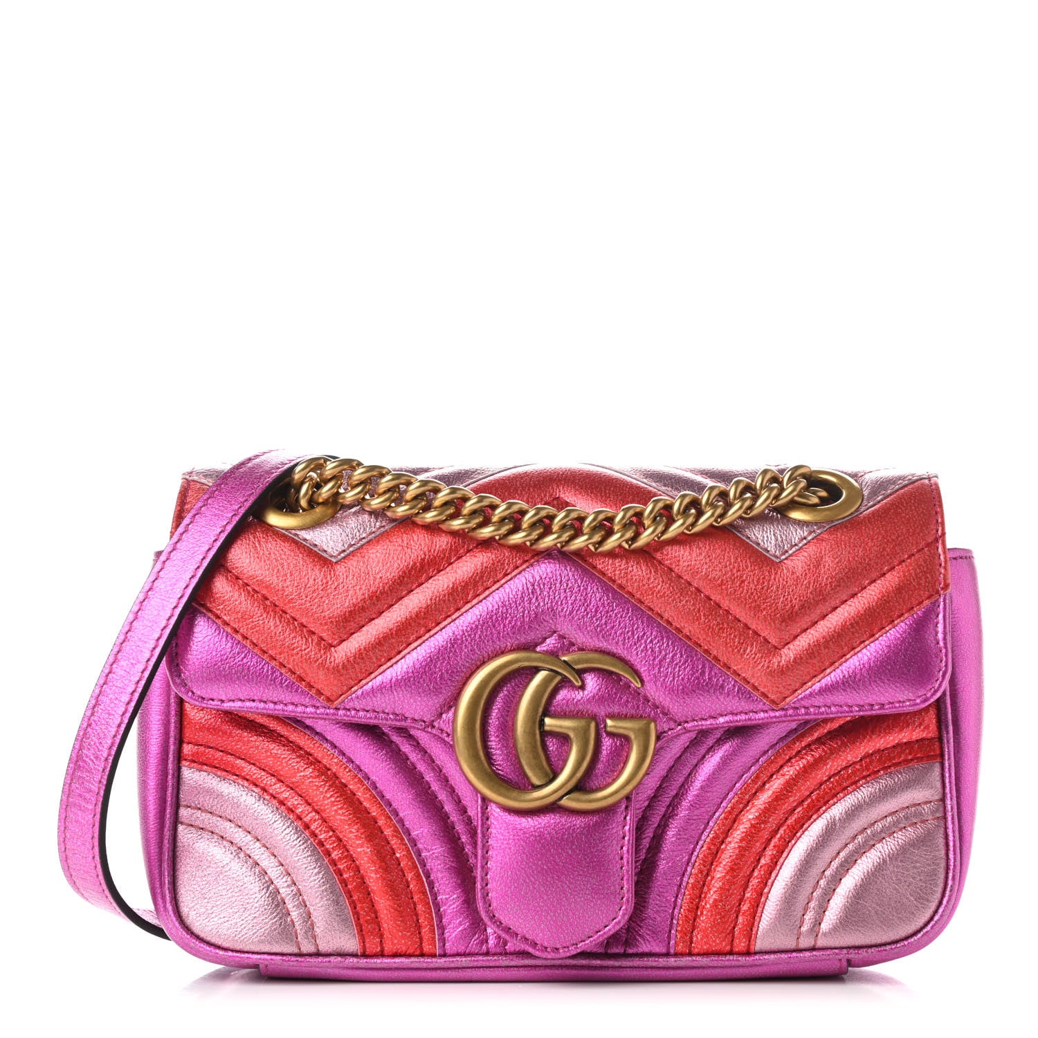 Gucci Metallic Calfskin Matelasse Mini GG Marmont Shoulder Bag Fuchsia 1 of 12