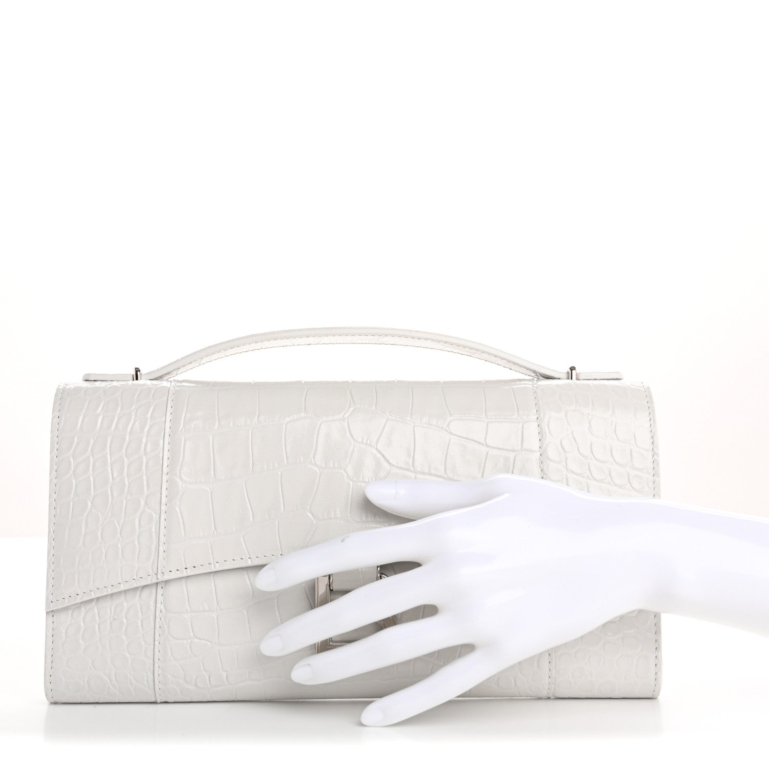 Balenciaga Shiny Calfskin Crocodile Embossed Top Handle Hourglass Clutch White 2 of 12