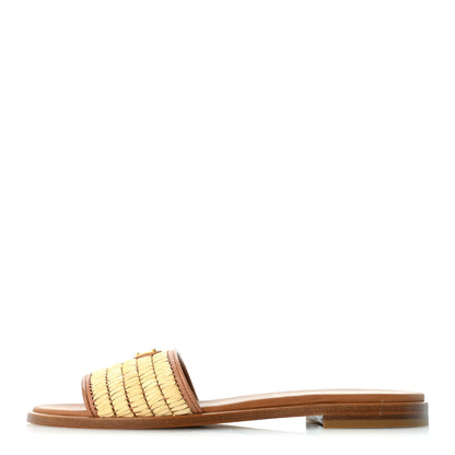 Prada Raffia Metal Triangle Logo 10mm Slide Sandals 37 Naturale 1 of 8