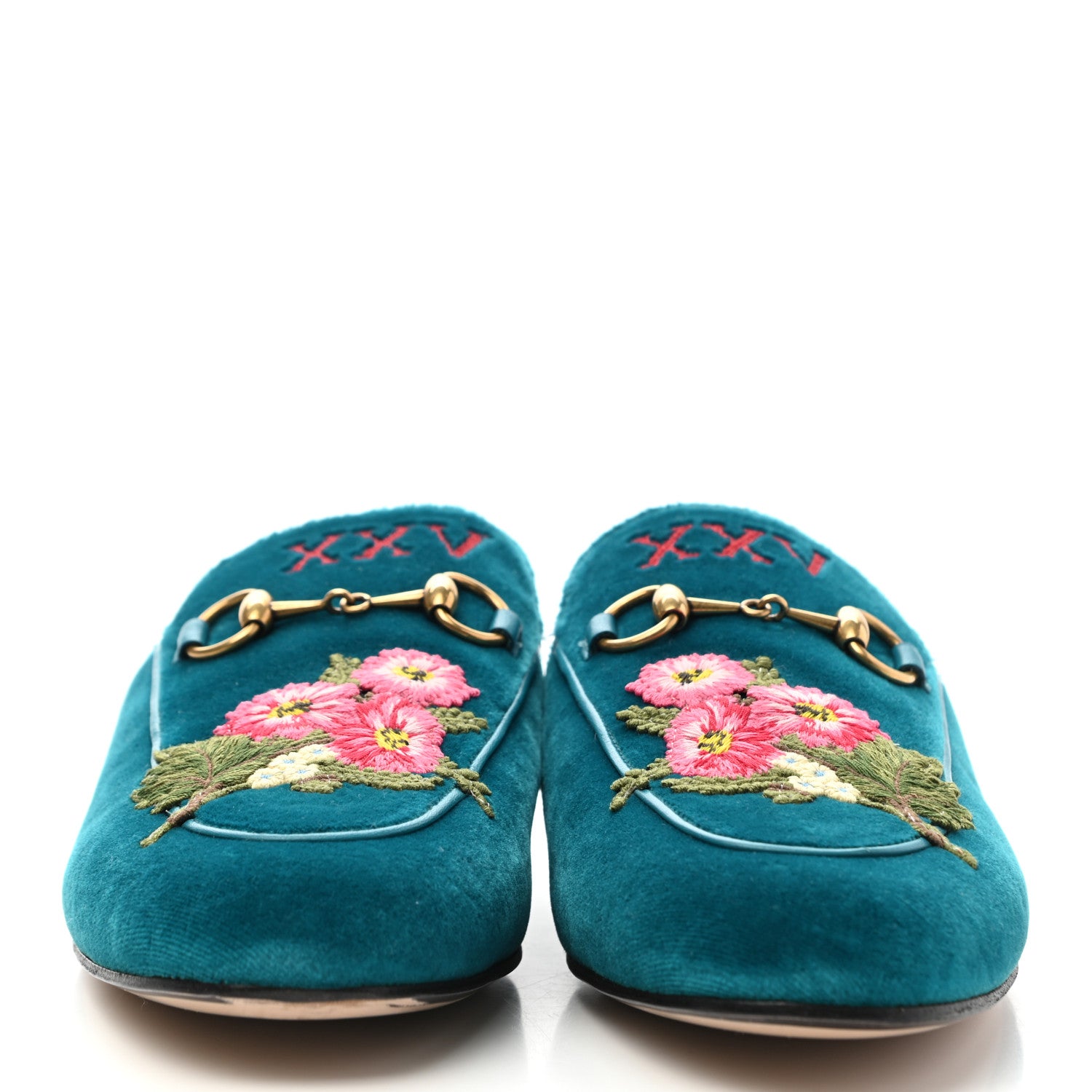 Gucci Velvet Floral Embroidered Womens Princetown Slippers 36.5 Pavone 2 of 11