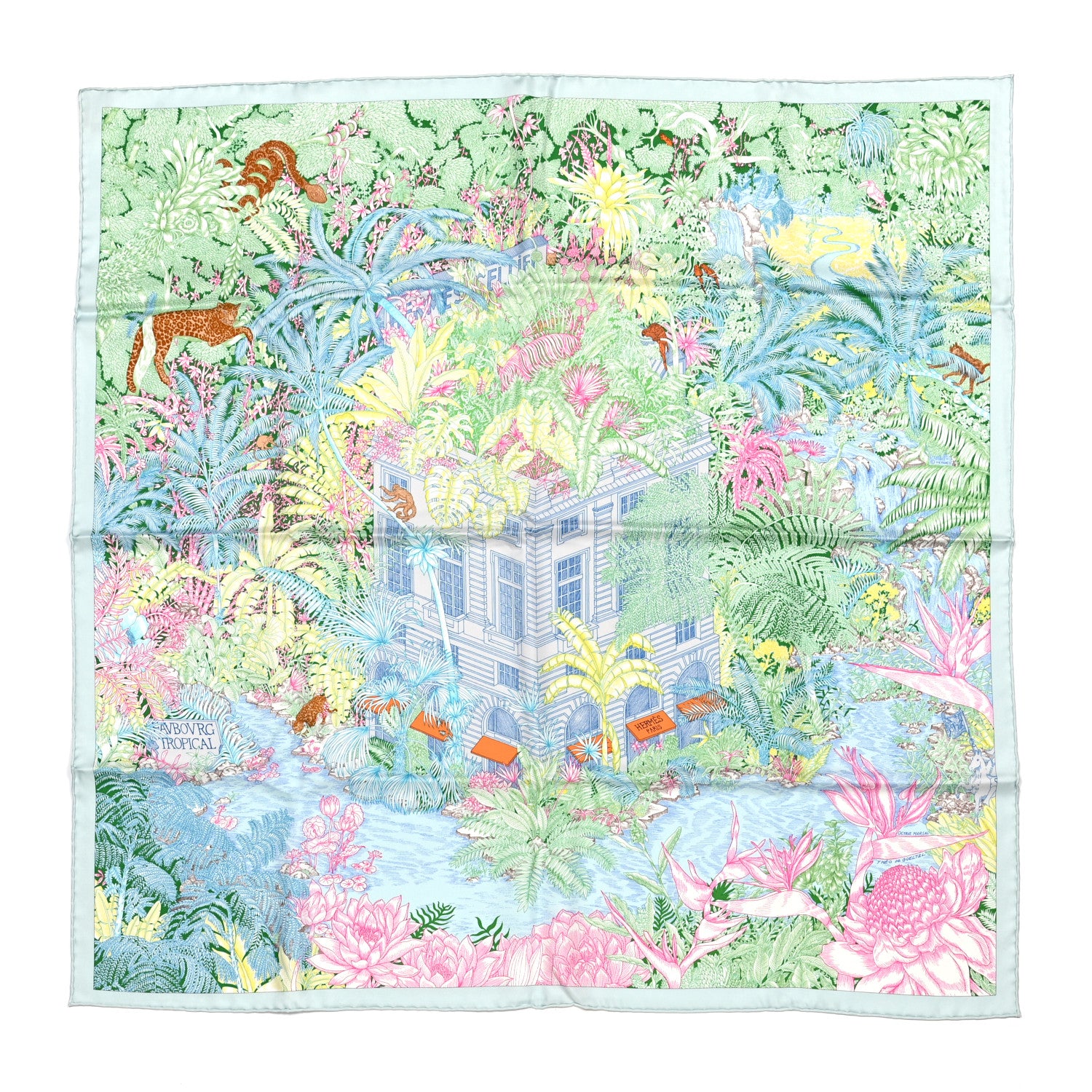 Hermes Silk Twill Faubourg Tropical Scarf 90 Bleu Vert Jaune 1 of 7