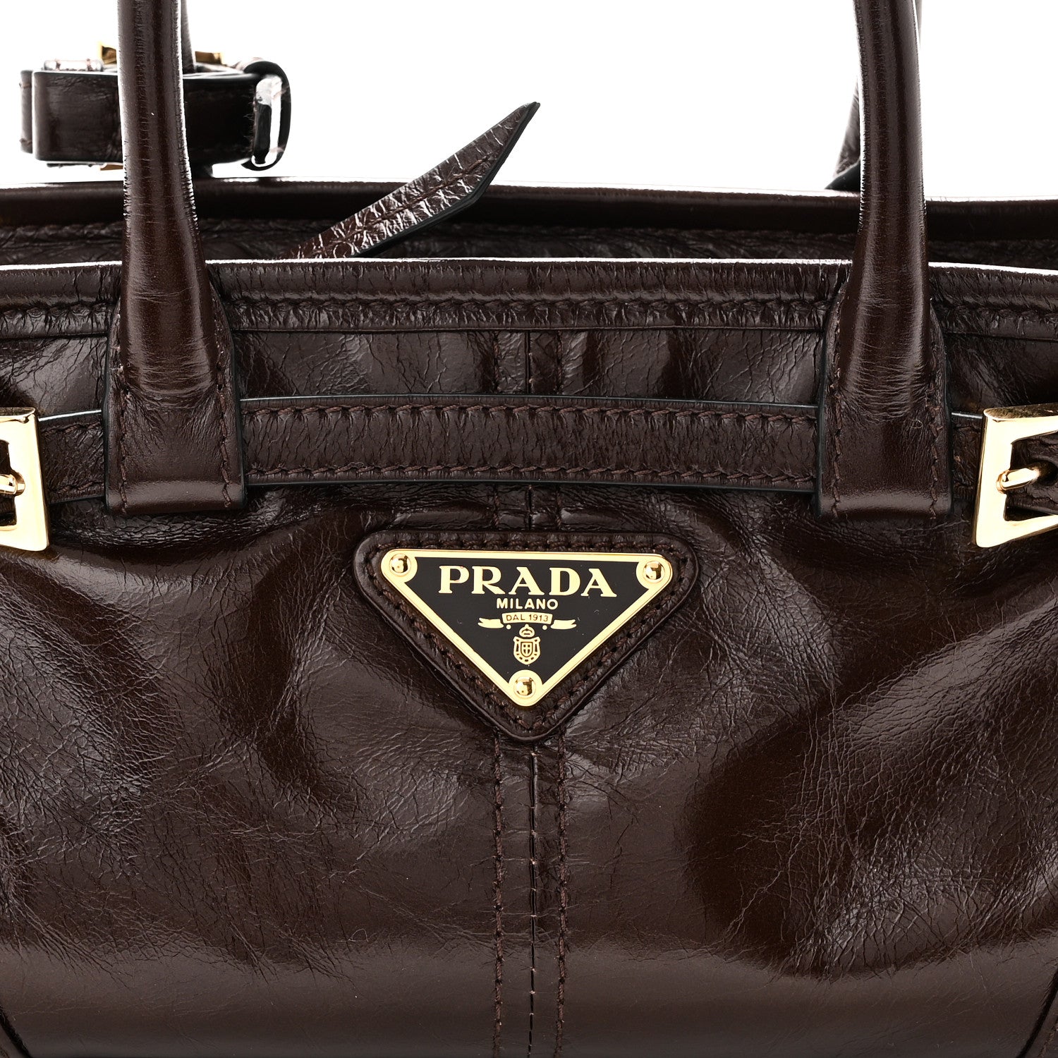 Prada Glossy Calfskin Triangle Mini Bonnie Shoulder Bag Moro 7 of 9