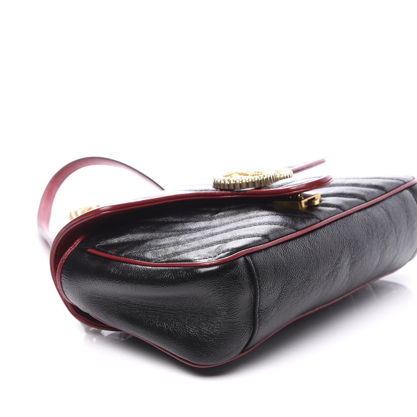 Vintage Effect Calfskin Matelasse Diagonal Small Torchon GG Marmont Shoulder Bag Black Romantic Cherry