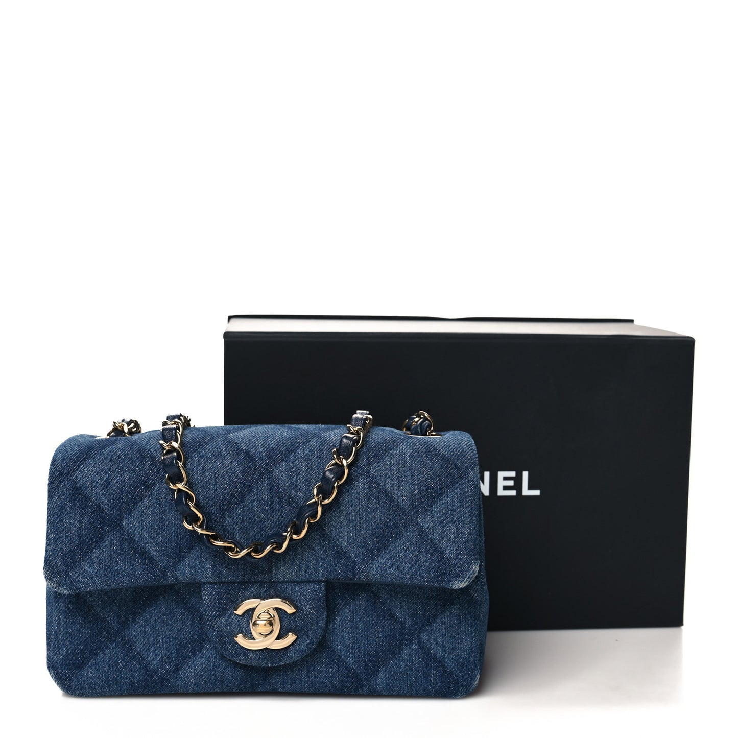 Printed Denim Quilted Mini Rectangular Flap Dark Blue