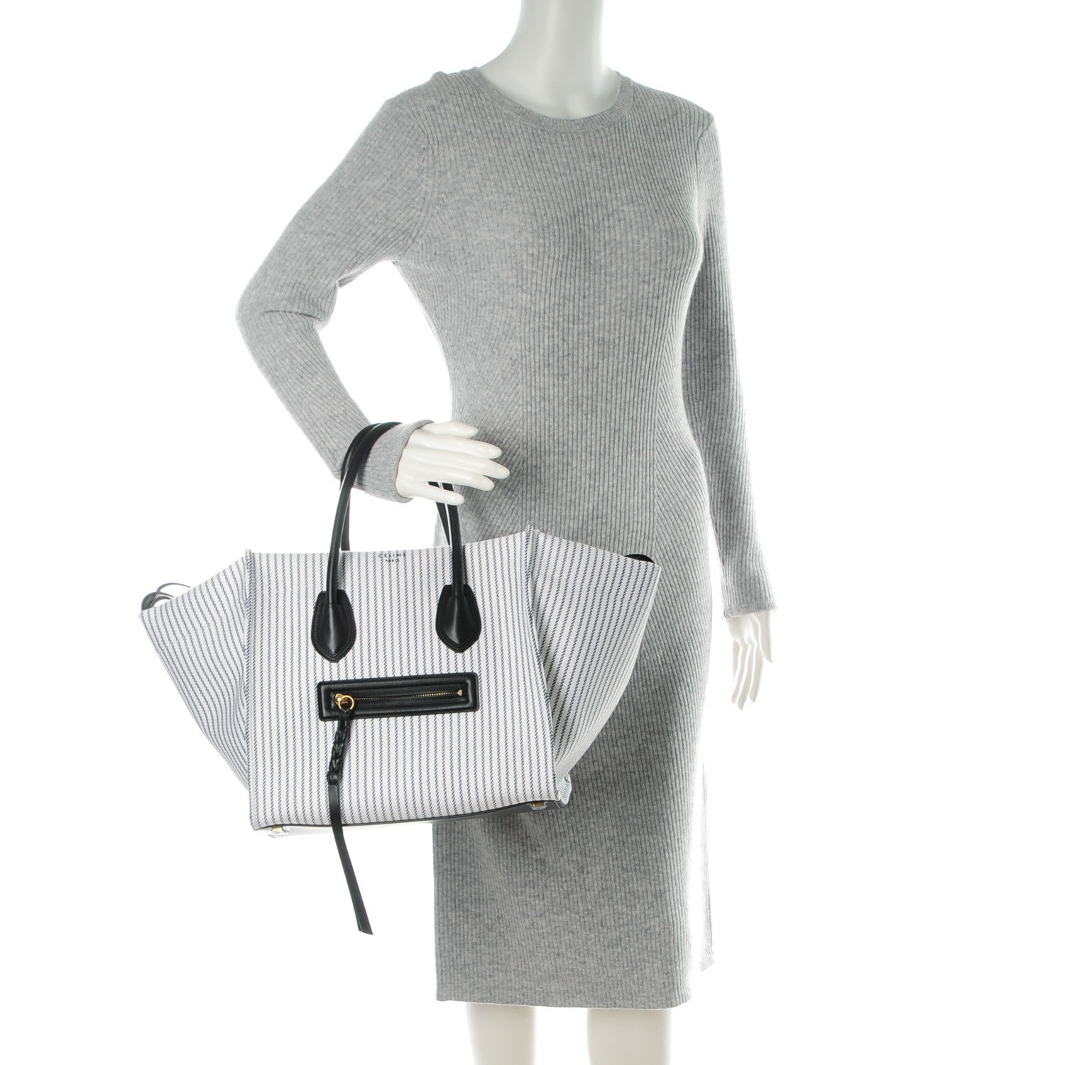 Celine Cotton Canvas Striped Medium Phantom Luggage White Navy 2 of 9