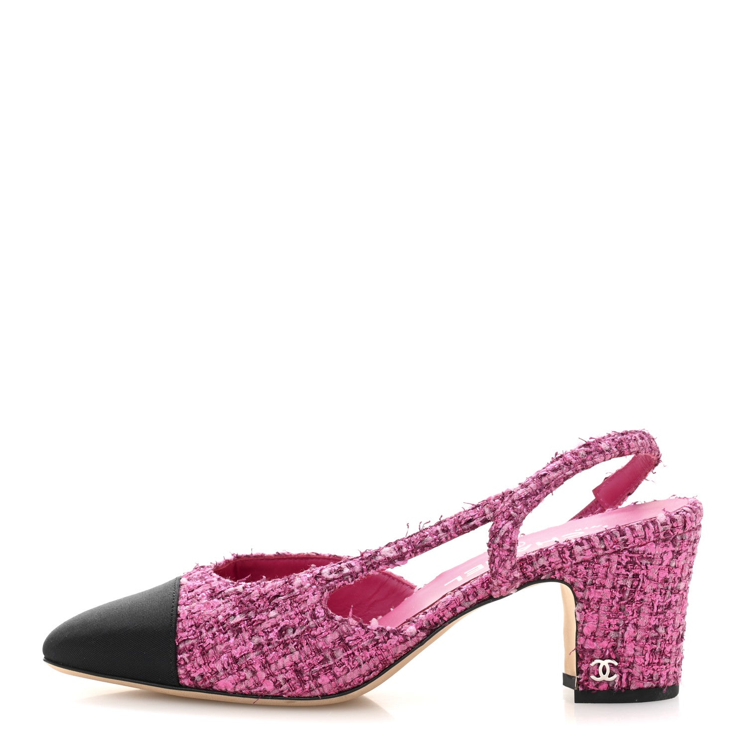 Chanel Metallic Tweed Grosgrain Cap Toe CC Slingback Pumps 36 Pink Black 38.5 Pink Black 1 of 9