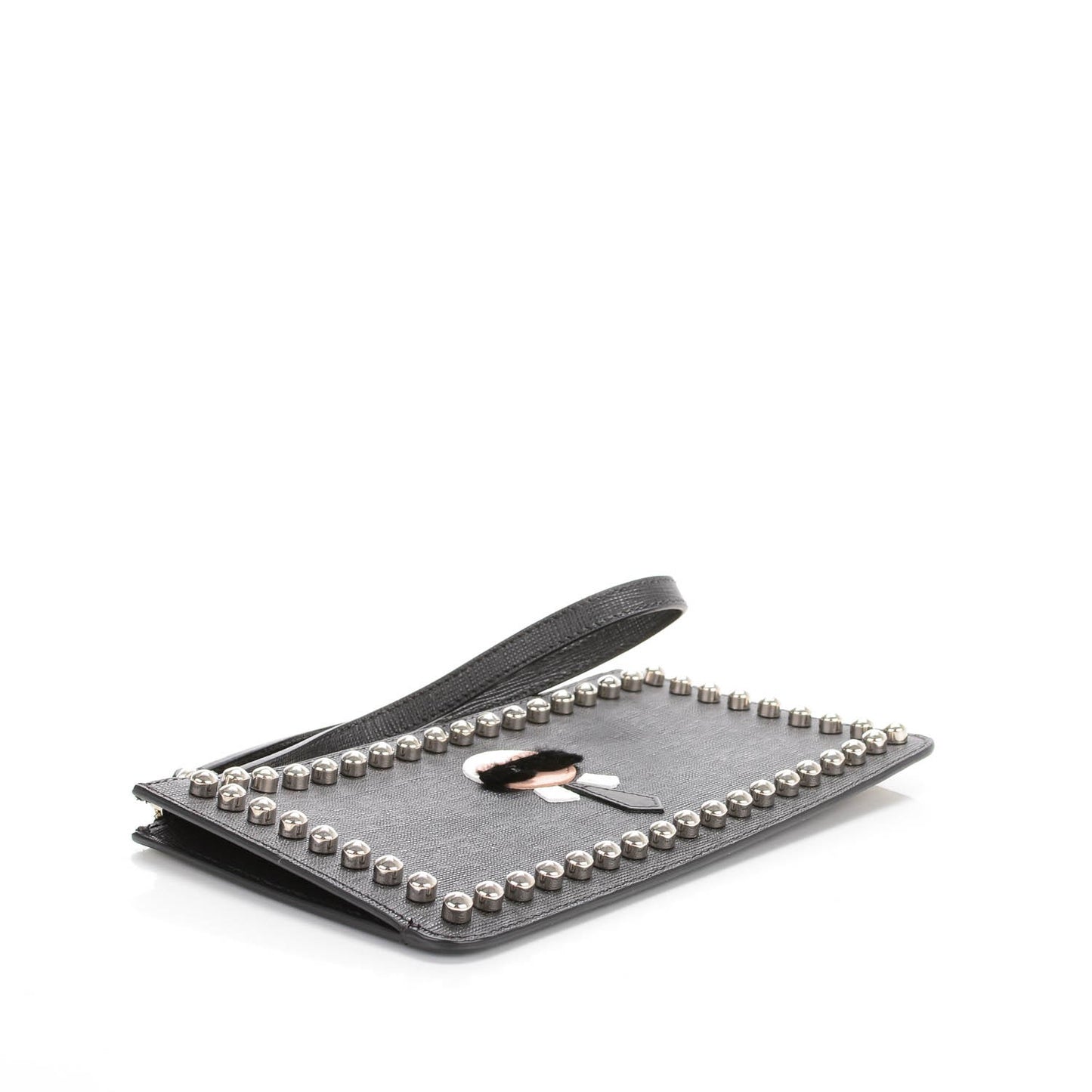 Vitello Elite Mink Fur Studded Karlito Zip Pouch Black