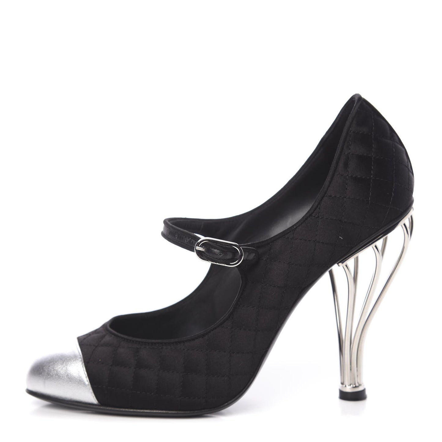 Satin Quilted Metallic Calfskin Cap Toe Mary Jane Pumps 38.5 Black