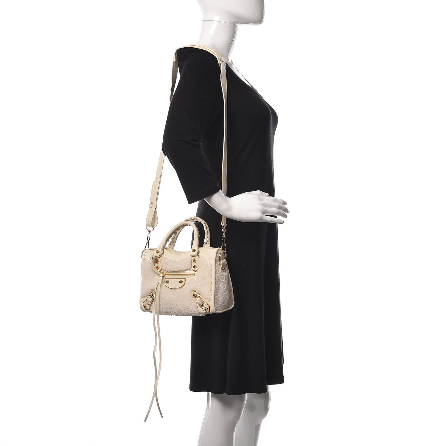 Shearling Nappa Gold Metallic Edge Hardware Mini City Cream