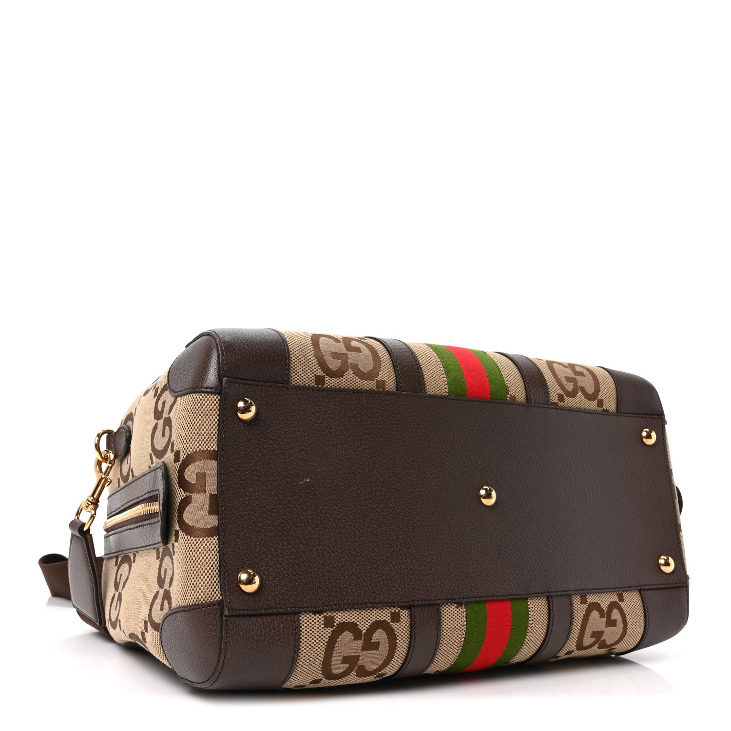 Gucci Monogram Jumbo GG Textured Dollar Calfskin Web Medium Duffle Bag Camel Ebony 3 of 9