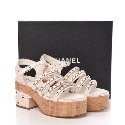 Chanel Tweed Chain Platform Sandals 39 Coral White 8 of 8