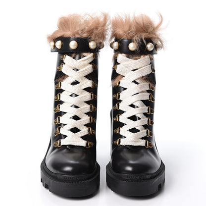 Gucci Magnum Calfskin Fur Pearl Lace Up Combat Ankle Boots 37 Black Naturale 2 of 9