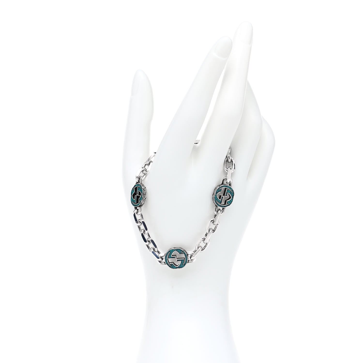 Gucci Sterling Silver Enamel Interlocking G Link Bracelet Turquoise 2 of 5