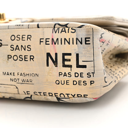 Chanel Lambskin Painted Feministe Newsprint Medium Double Flap Ecru Black 10 of 13