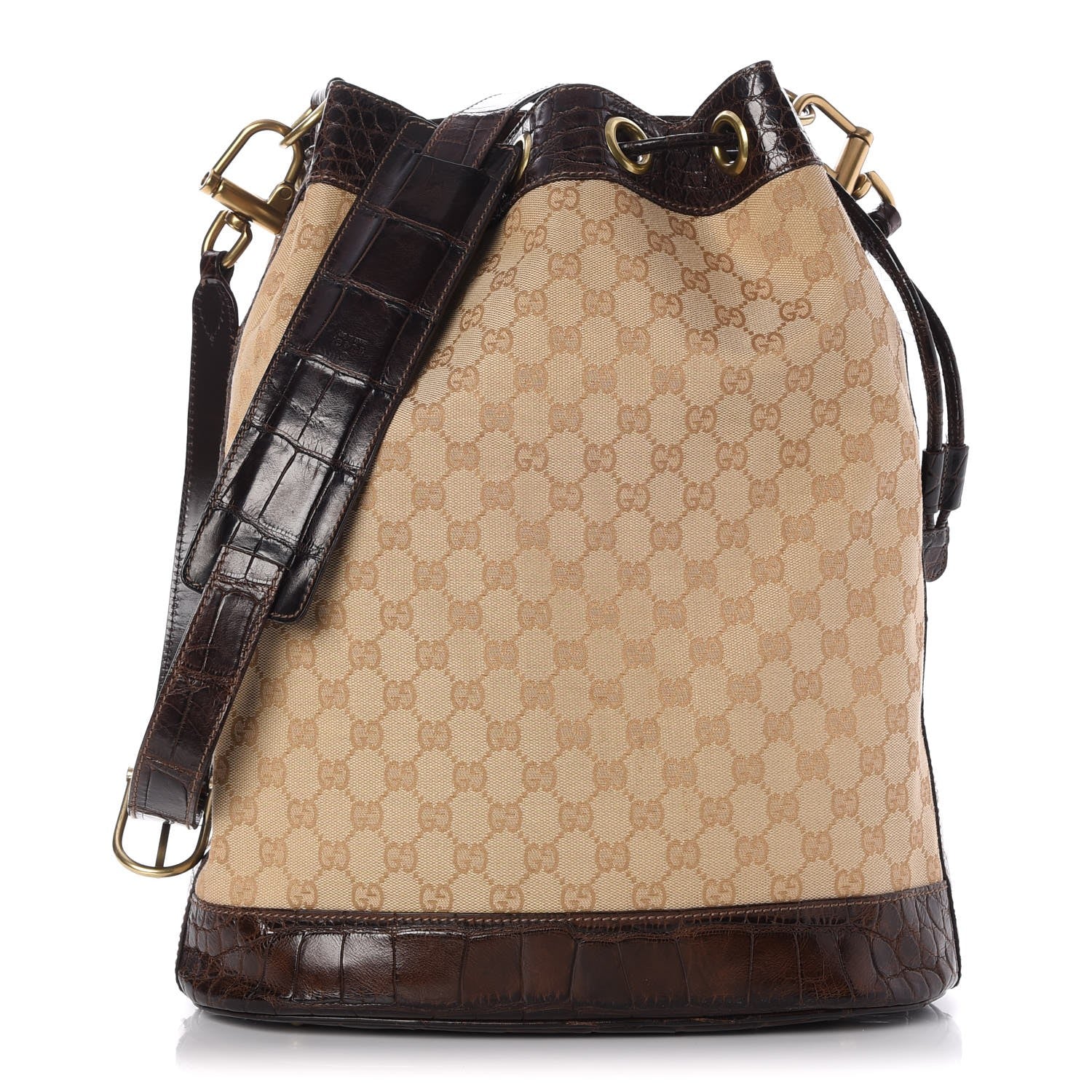 Gucci Monogram Crocodile Drawstring Shoulder Bag Dark Brown 1 of 7